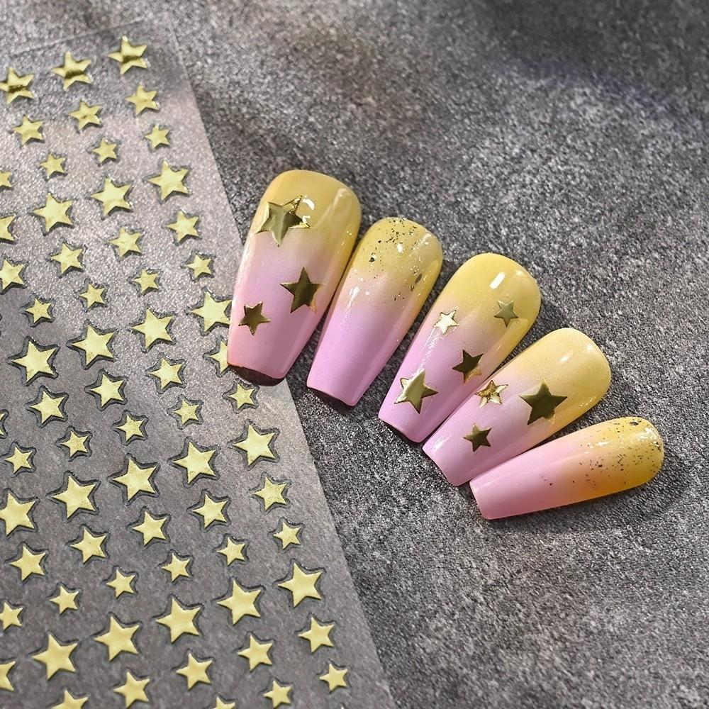 6Pcs Y2K Irregular Star Manicure Decals Gold Silver Color Letters Nail Decorations Nail Supplies