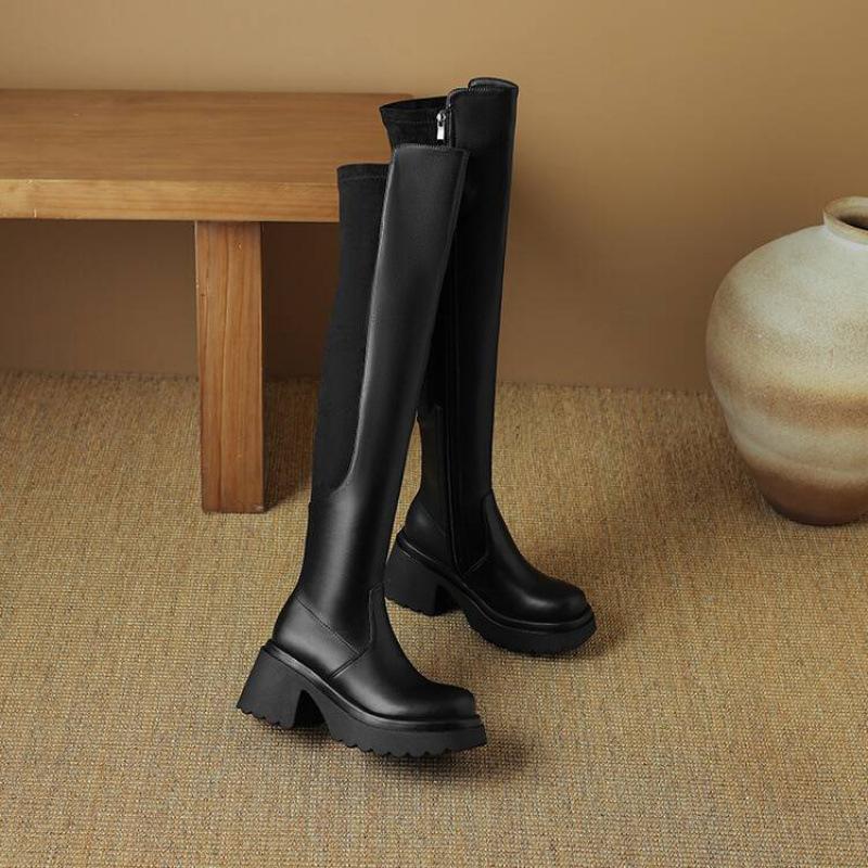 Korean version suede high-heeled large-size women's boots comfortable side zipper solid color square-heeled thick-soled leather boots non-slip autum