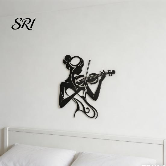 Small Wall Art 30x26cm Music Black 2D Flat Woman Playing Violin Silhouette Metal Piano Room Sculpture Feminine Decor for Studio Housewarming