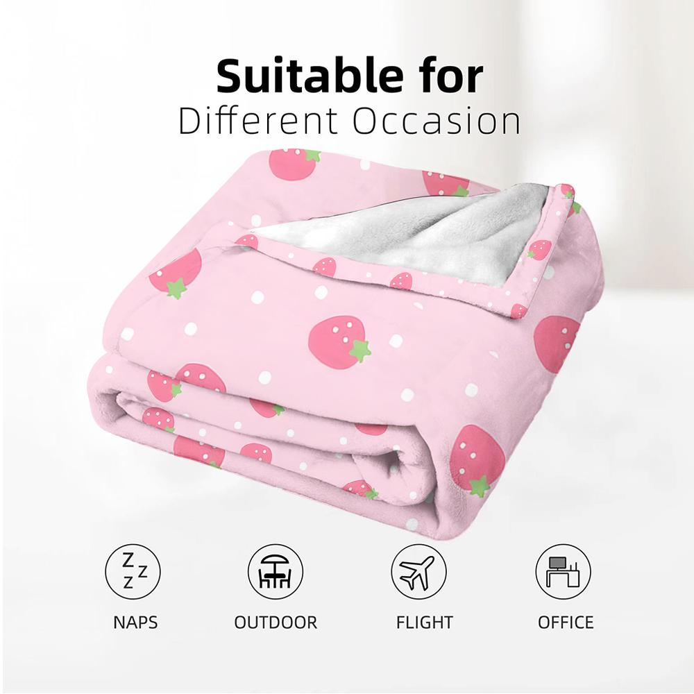 Pastel Pink Polka Dot Strawberry Cartoon Anime Print Flannel Blanket Soft Warm Throw for Kids Bedroom Sofa Christmas Office Car