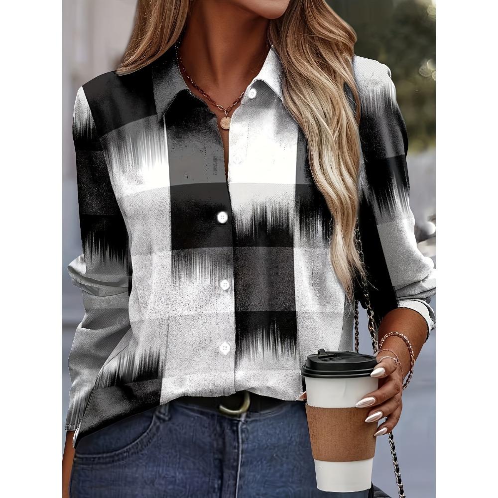 Fashion Block Splicing 3D Print Women's Long Sleeve Shirts Gradient Color Loose Blouse Tops Casual Fashion Women's Clothing