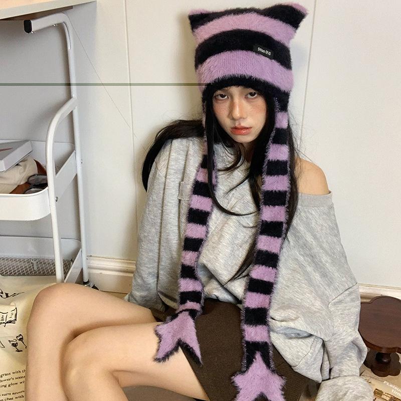 Y2K Subculture  Girl Sweet Cool Style Hat Star Striped Plush Knitted Hat