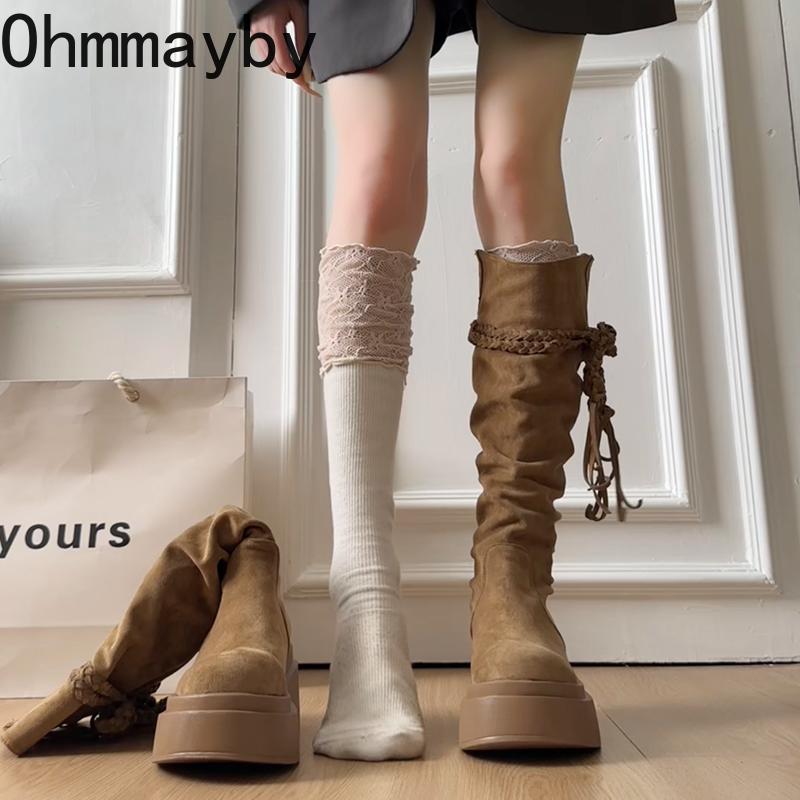 Platform Thick Heel Women Western High Boots Designer Tassel Slip On Shoes Autumn Winter Ladies Punk Vintage Long Booties