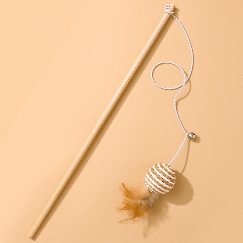 Interactive Gray/White Linen Mouse Cat Wand with Wooden Rod and Handle