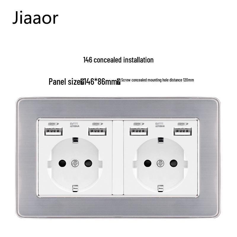 Padrão Europeu Tipo 86 Painel de Interruptor e Tomada de Parede Duplo em Aço Inoxidável com USB-C, Estilo Alemão, Montagem de Parede Embutida.