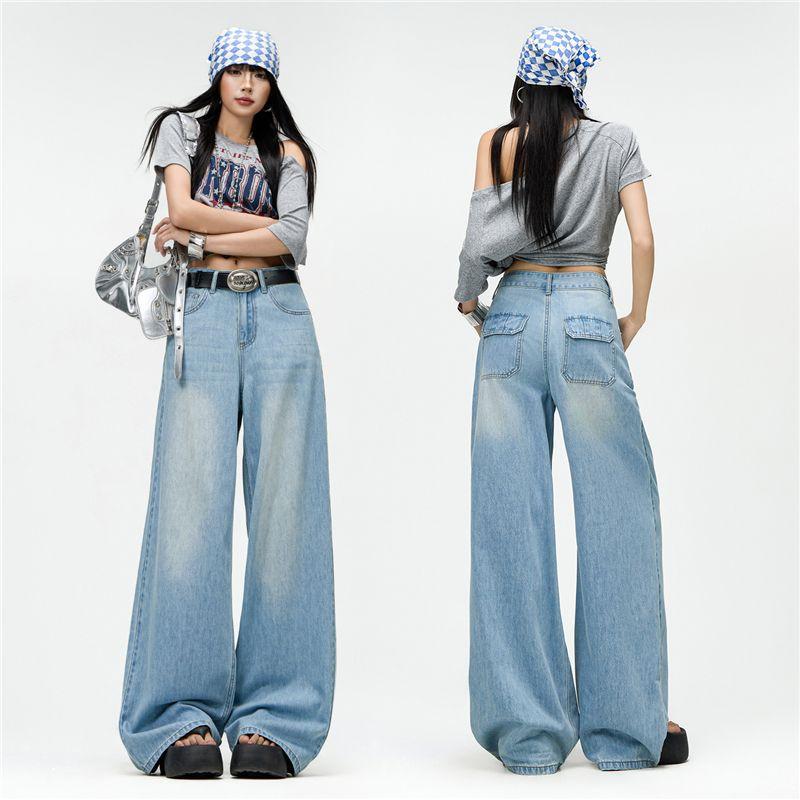 Spring Summer Lyocell Tencel Cotton Thin Drape Relaxed Pocket Floor Wide Leg Denim Pants For Ladies Casual Pants Oversize Denim Trousers