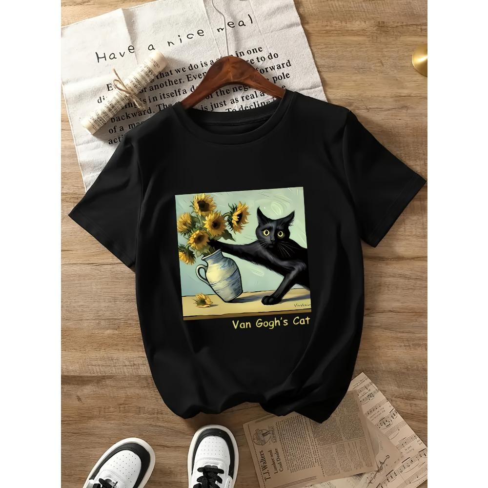 

Women Cotton Short Sleeves T-shirts Van Gogh s Cat Women s Tee Sunflower Art Graphic Casual Black Top S