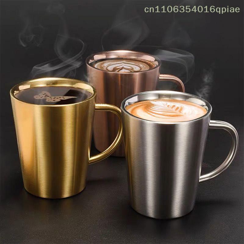 Tasse à eau à double paroi 300 ml Maison Salle à manger Verrerie Tasses Acier inoxydable 304 Tasse à bière Or Argent Tasses à café avec anse