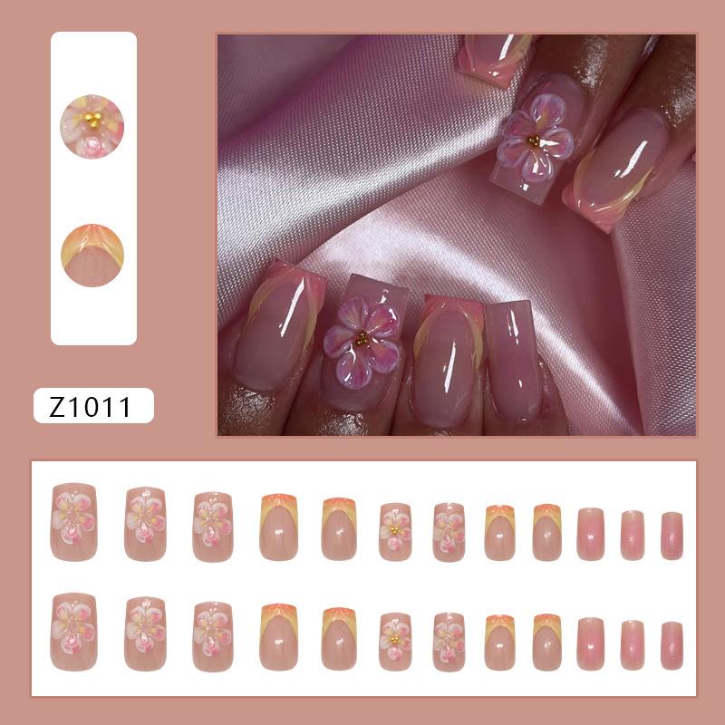 24 Stück Farbverlauf Französische Press-On-Nägel Mit 3D-Wasserwellen-Schnitzerei Blumen-Dekor Abnehmbare Blush-Rosa Falsche Nägel