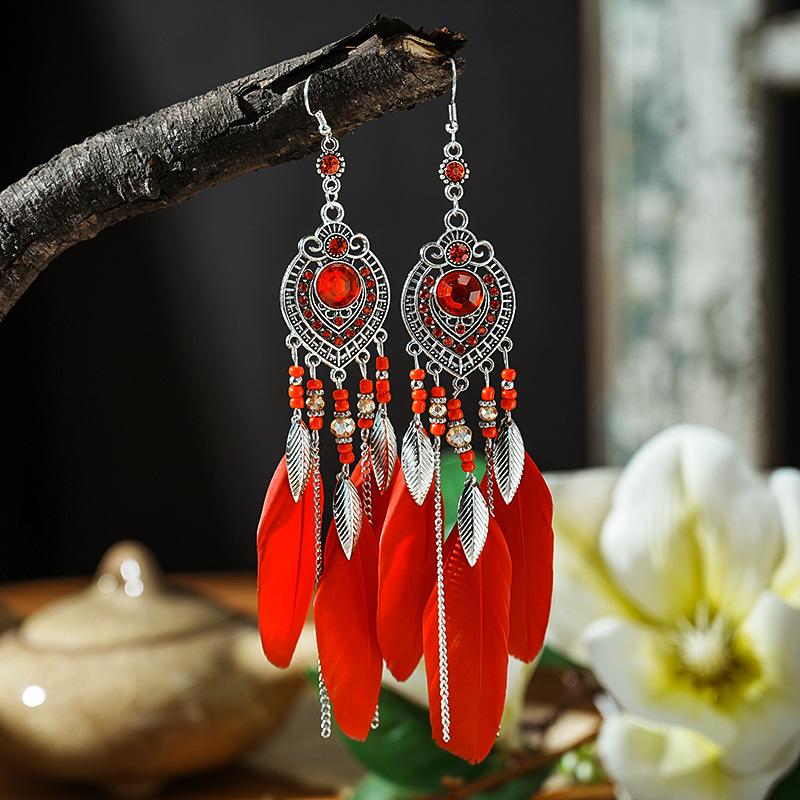 Boho Feather Long Leaf Tassel Drop Earrings For Women Geometric Rhinestone Crystal Beads Handmade Chain Wedding Earrings Jewelry