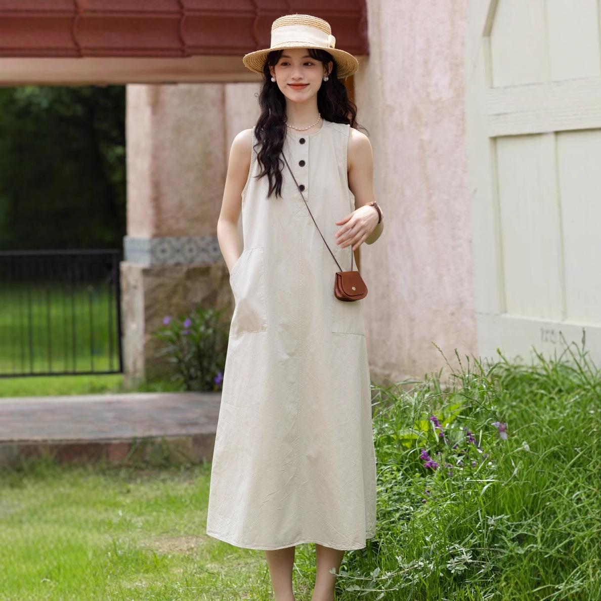 

Летнее литературно-художественное маленькое свежее простое чувство дизайна нишевое ощущение расслабленности платье без рукавов с круглым вырезом one size fits all абрикосовый