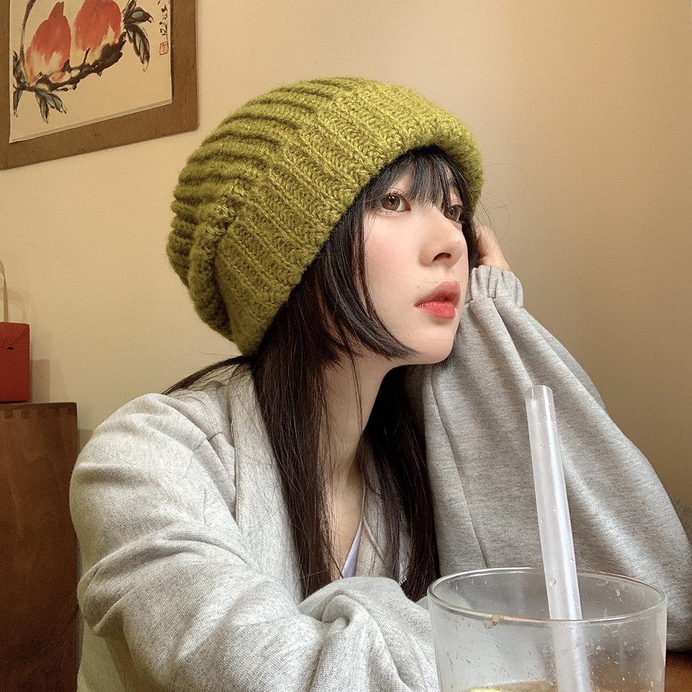 Women's Autumn and Winter Korean Style Versatile Green Wool Hat Winter Trend Korean Winter Japanese Face Protecting Knitted Hat