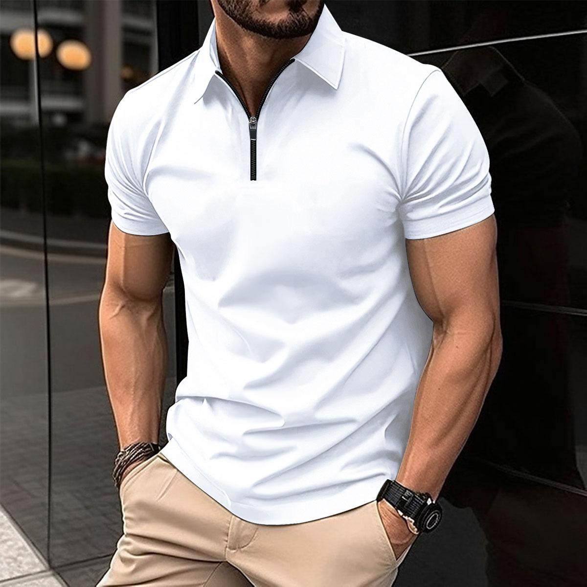 Men s plain-coloured zipped polo shirt for summer: casual, sporty, short-sleeved polo shirt with a collar S белый