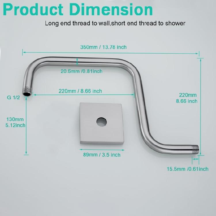 Metal Shower Head Extension Arm 33.5 Cm for Wall Mounted Bathroom Showers with Arched Form and Cover Plate Trim for Position Change