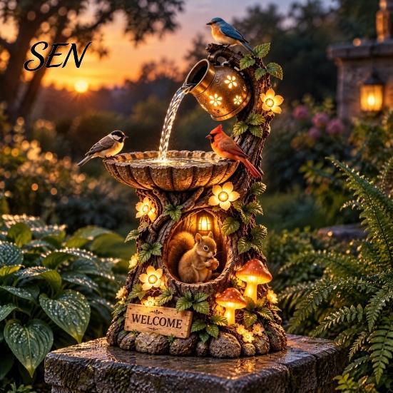 Illuminated Garden Statue Decoration Tree House Fountain Bird Feeder, Lighted Resin Birdbath, Feeder with Sturdy for Small Birds LED Lights,