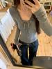 Chic Women's Winter Slim Fit V-Neck Gray Lace Trim T-Shirt