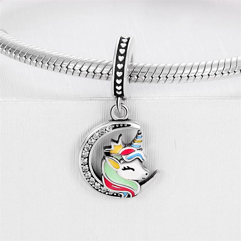 S925 Silver  Rainbow Seven Heart Shaped Pony Unicorn Pendant Necklace Jewelry