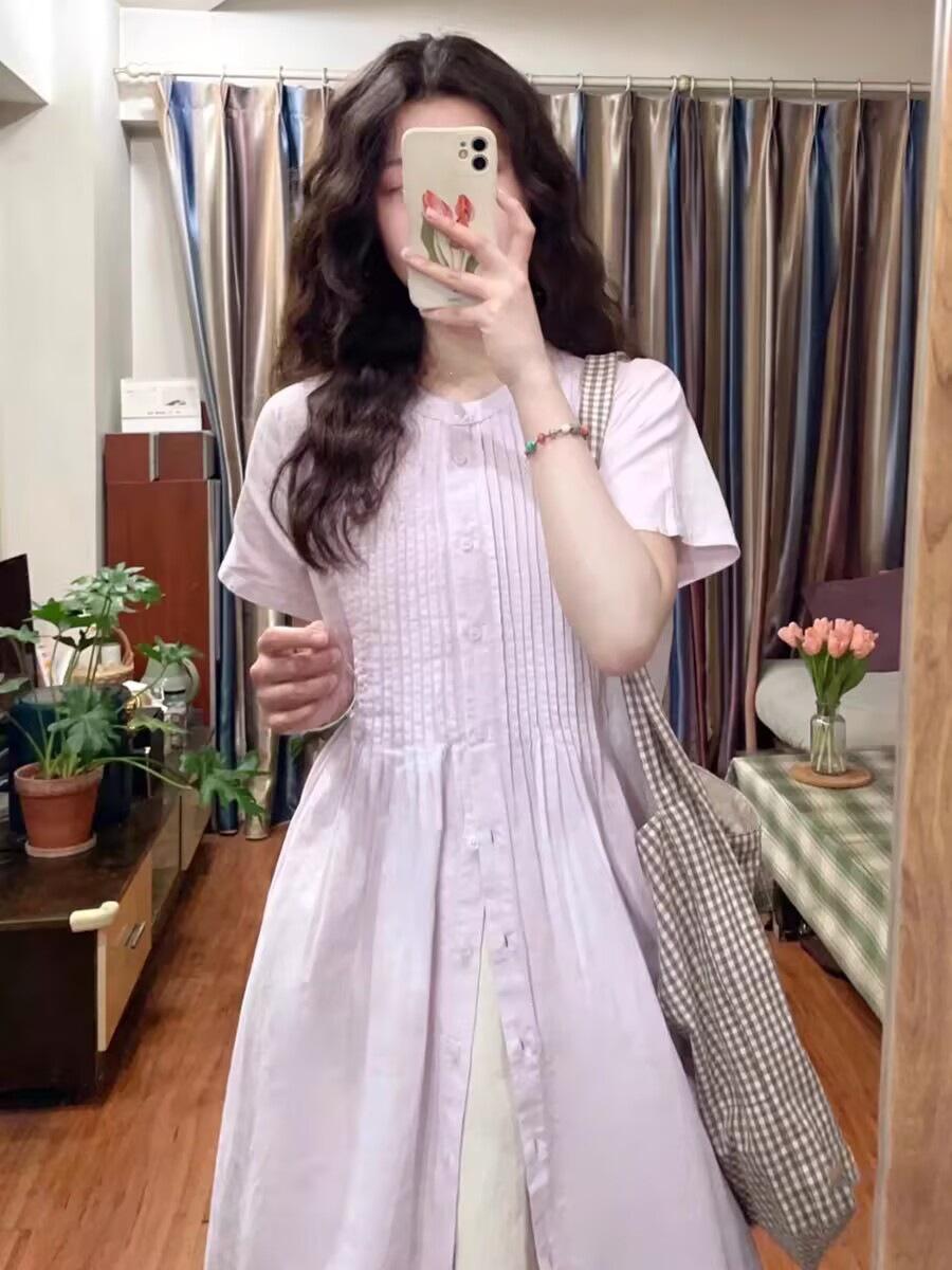 

2025 лето новый повседневный свободный средней длины рубашечное платье женское круглый вырез короткий рукав шнуровка на талии темпераментное платье M фиолетовый