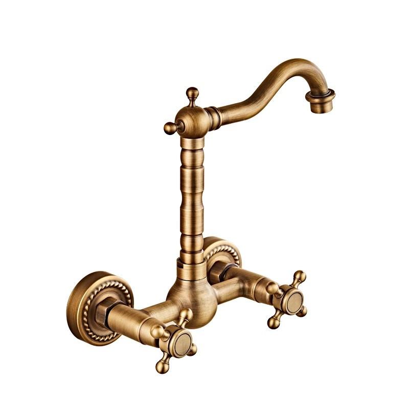 Antyczny Mosiężny Kran do Napełniania Garnków Montowany na Ścianie Składany Kran Kuchenny Ciepła i Zimna Jednouchwytowy Kran do Zlewu Obrotowy Składany Wylewka Mosiądz