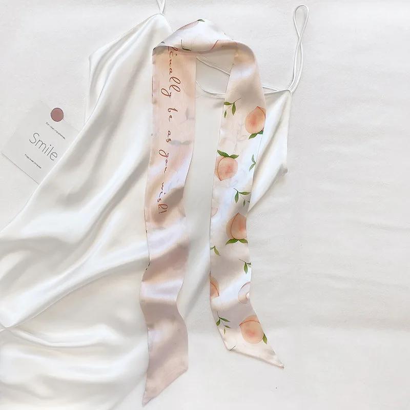 Long Skinny Hair Scarf For Women Fashion Fruit Print Kerchief Cute Headband Silk Satin Neck Scarfs 7*130cm Band Bag Scarves