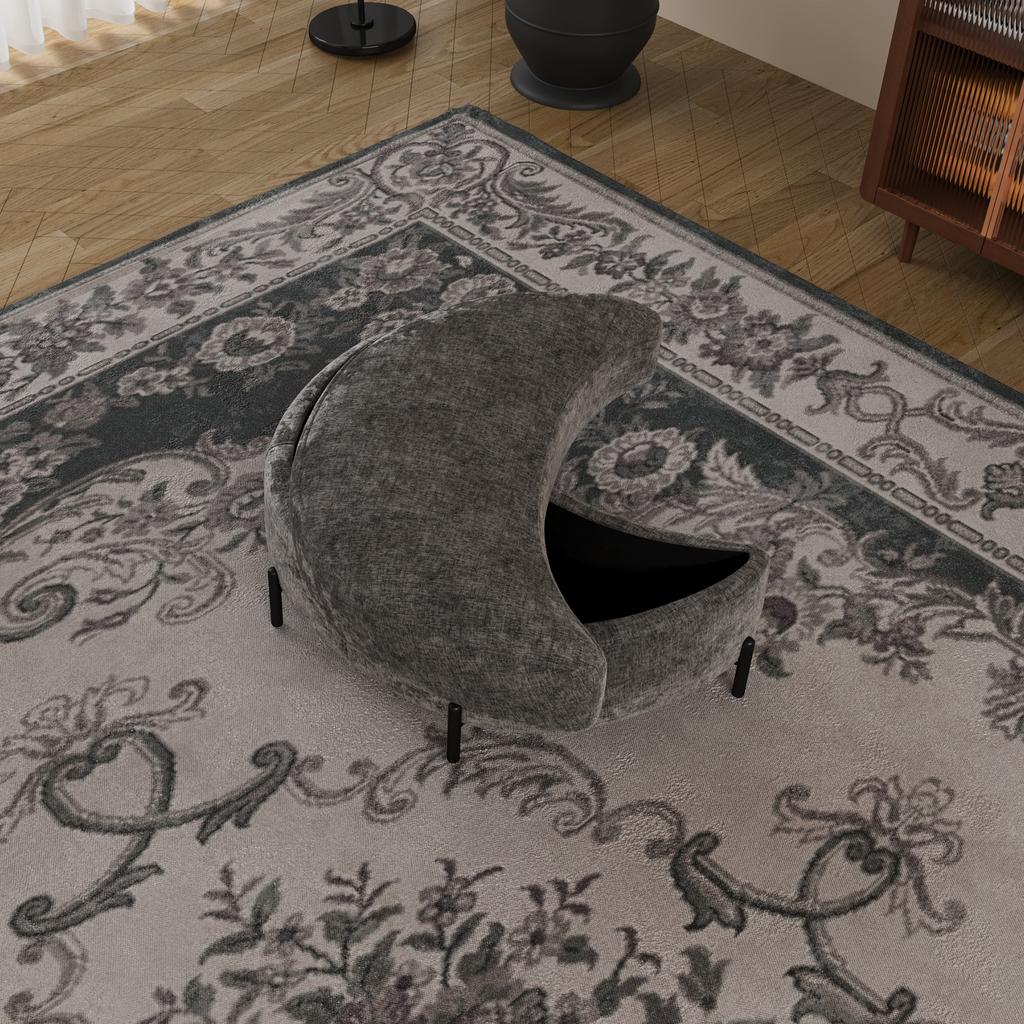 Chenille-Covered Half-Moon Storage Stool with Tray, Padded Seat, Dressing & Shoe Stool and Footrest for Living Room, Entryway & Hallway, Gray
