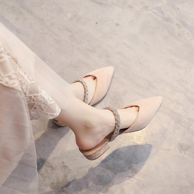 6374-5 Low heel outer wear fashion bag head half tray women's shoes single shoes cool slippers pointed half slippers women's pearl new