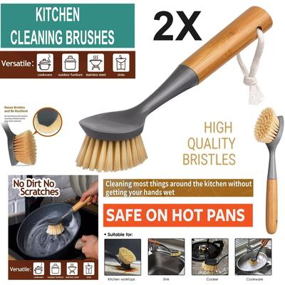 2 X Kitchen Pan Dish Brush Washing Up Bamboo Handle Bathtub Cleaning Scrub Tools
