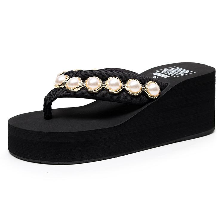 Summer Pearl Flip-flops for Women Thick Bottom Non-slip Sandals Female Clip-on Slippers Lightweight Solid Colour Beach Shoes