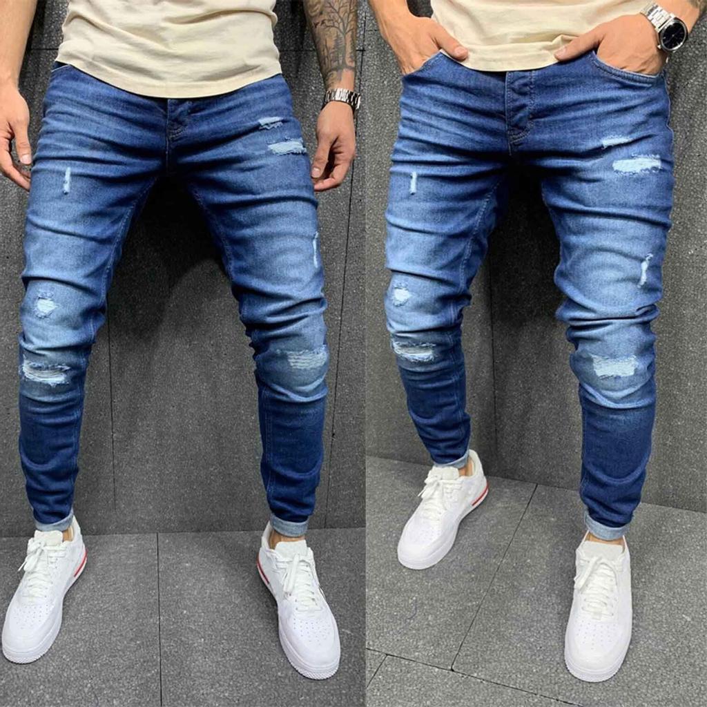 Men Striped Zipper Denim Hole Vintage Wash Hip Hop Work Trousers Jeans Pants