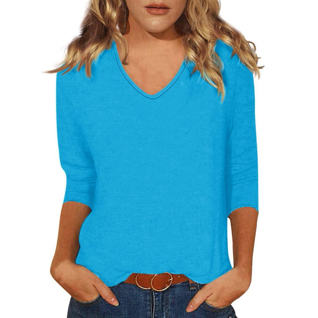 Damen T-Shirt Mode Lässig Alltag Vielseitig V-Ausschnitt 3/4-Ärmel Oberteile Unifarben Bedrucktes T-Shirt Top