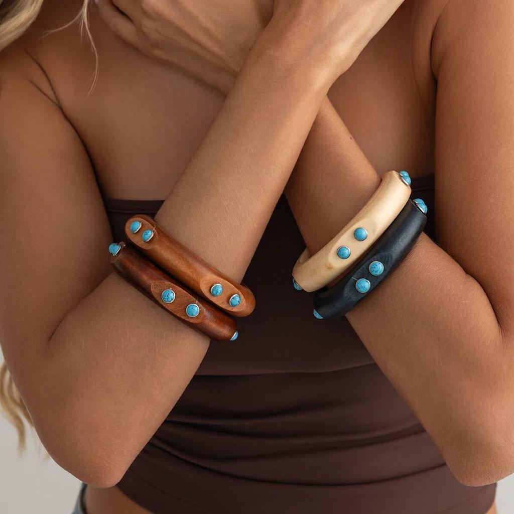 Salircon Classic Vintage Stackable Wooden Chunky Bangles for Women Punk Style Round Wide Bracelet Jewelry Accessories Gift 2026