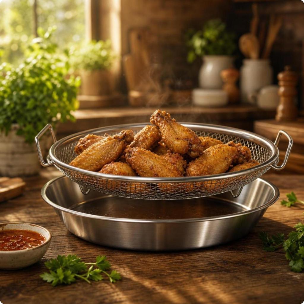 Oil Draining Pan Set Easy to Clean Stainless Steel Strainer Tray Raised boarder Round Mesh