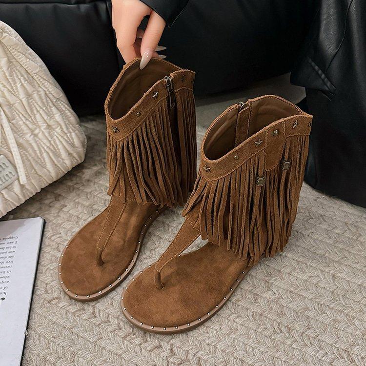 Inner Height Increase Tassel Cool Boots 2025 Women's Summer New Roman Sandals Fashion Versatile Toe Beach Sandals Women's New Models