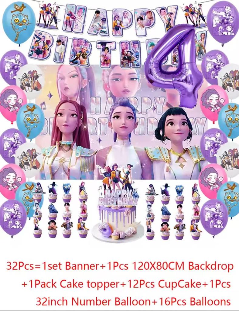 Sada příborů Demon Hunters Party Banner Pozadí Balónky Dortový Topper Venkovní Piknikové Potřeby Narozeniny pro Korejskou Kpop Anime Párty