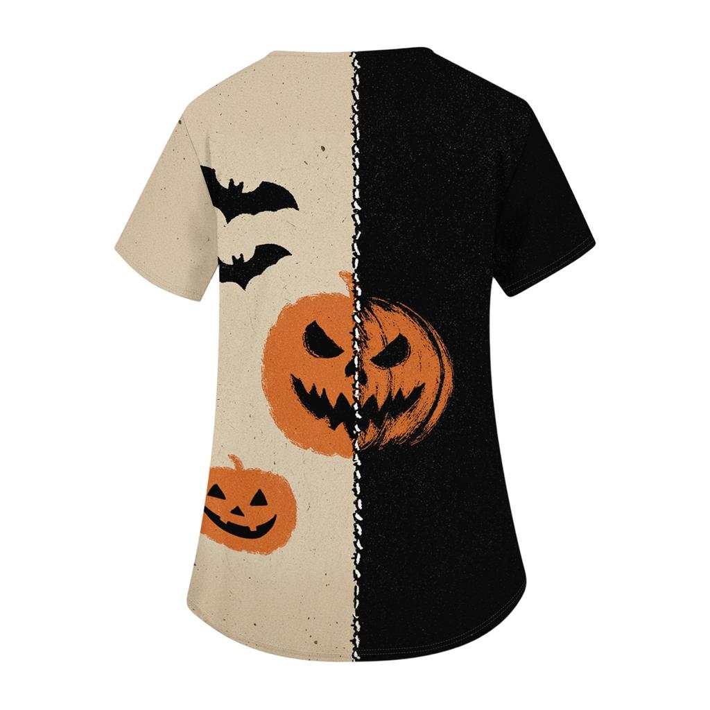 Womens V Neck Short Sleeve Work Top Halloween Print Side Slit Tunic Shirt with Pockets Casual Loose Fit Blouse for Daily Wear