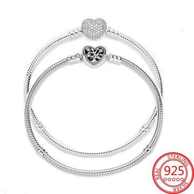Orijinal 925 Ayar Gümüş Aile Anı Romantik Parıldayan Kalp Şeklinde Pav éBuckle Yılan Zincir Bileklik Kendin Yap Klasik Bileklik