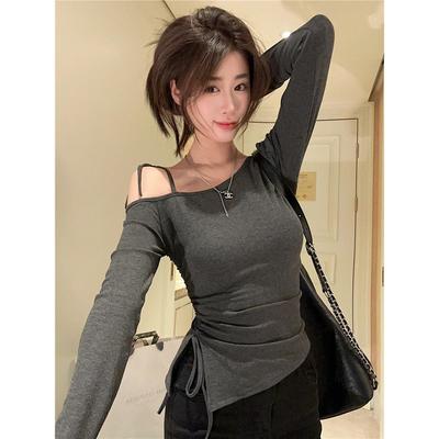 Sexy Off-shoulder Long-sleeved T-shirt for Women Early Autumn New Style Irregular Strappy Slit Top