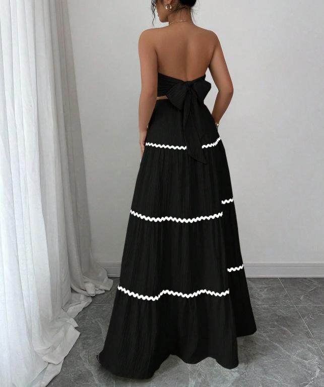 2026 Summer European & American Holiday Casual Strapless Lace Patchwork Long Dress & Two-Piece Women's Set