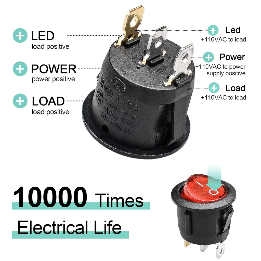 4PCS Round Rocker Switch Light Illuminated On Off 3 Pin 2 Position Mini Switch 125V 10A 250V 6A KCD1 for RV Car Truck Boat Pushbutton Switches 3