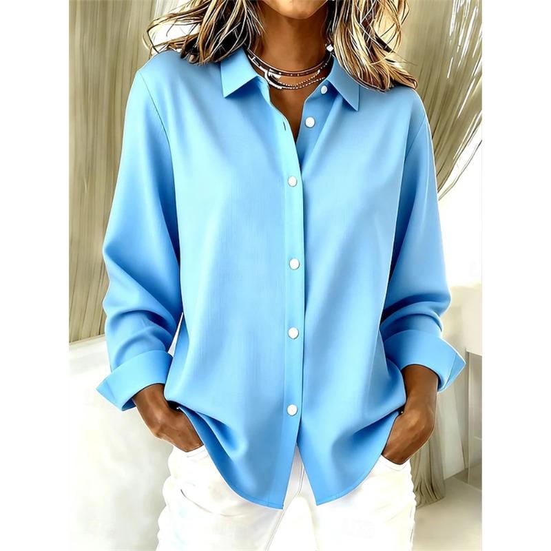 Fashionable Women's Collared Shirt Solid Color Minimalist Series Casual Loose-Fit Breathable Long-Sleeve Shirt For Everyday Wear
