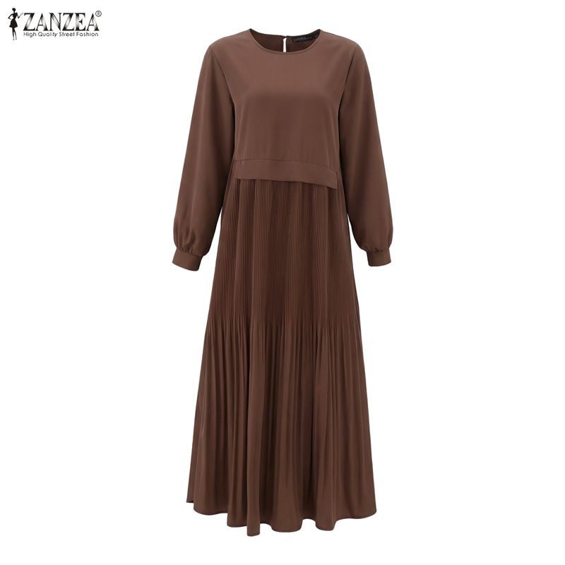 ZANZEA Abito casual musulmano da donna, girocollo, manica lunga, ampio, plissettato
