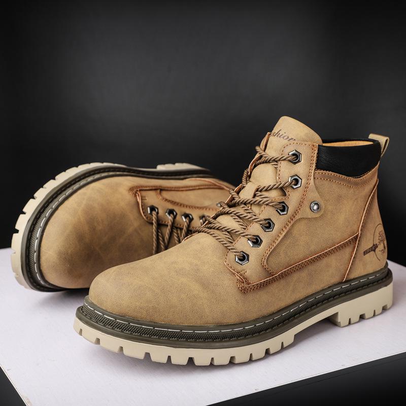 Men's Fleece-Lined Martin Boots, High-Top Leather Work Boots, Non-Slip, British Casual, Wear-Resistant, Large Sizes Available