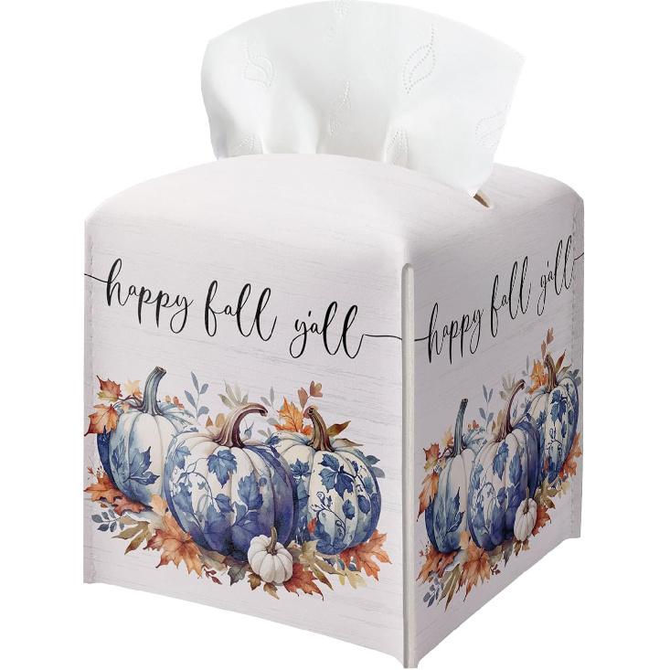 Floral Tissue Box Holder, Fall Florals Leather Tissue Box Cover Square, Autumn Facial Paper Organizer Dispenser Toilet Paper Holder for Bathroom