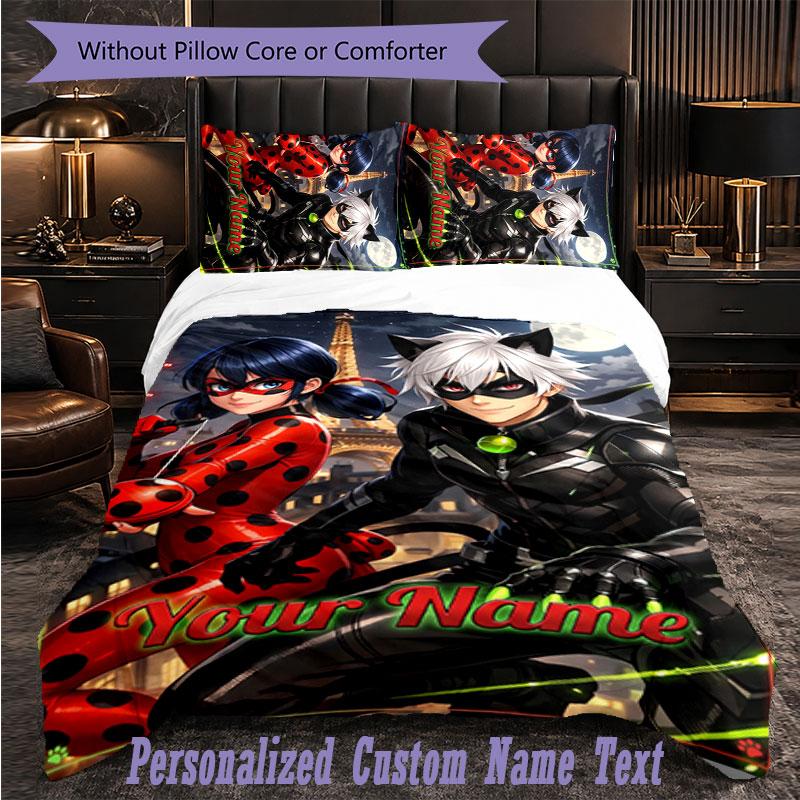 Personalized 3Pcs Bedding SetMiraculous Ladybug Custom Text Duvet Cover Pillowcase Set Bedroom Gift