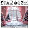 1pc polyester Christmas background with snow scene, pink curtains and holiday decorations - Winter holiday banner decoration