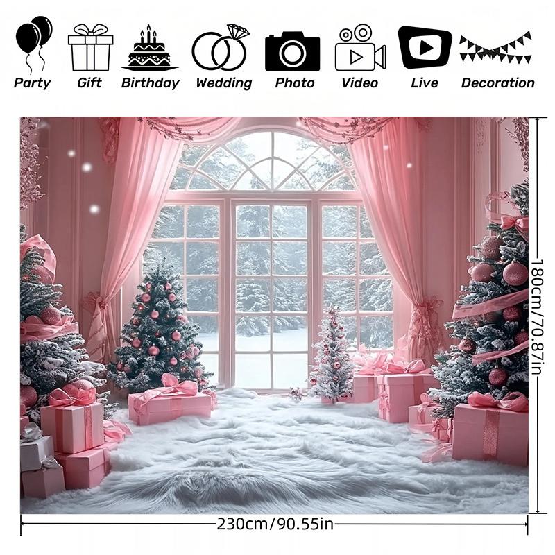 1pc polyester Christmas background with snow scene, pink curtains and holiday decorations - Winter holiday banner decoration