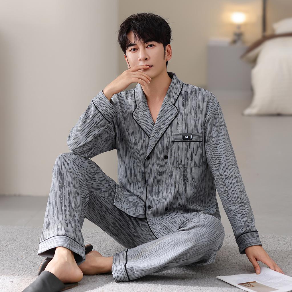 Pure Cotton Pajamas Men'S Spring And Autumn Long-Sleeved Trousers Cardigan Loose And Wearable Loungewear Suit