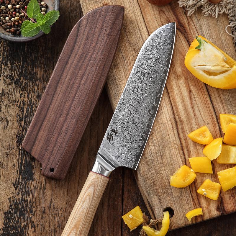 

7 Inch Santoku Knife With Wood Cover 67 Layers Damascus Steel Blade Chef Cleaver Slicing Japanese Kitchen Knife Cooking Tools 7 inch