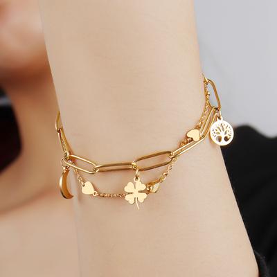 316L Stainless Steel Clover Bracelet for Women Bohemian Moon Double Layer Chain Bracelets Jewelry Gift