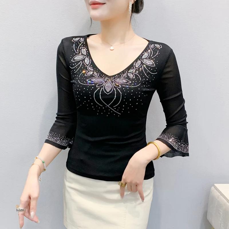 Summer Streetwear Women's Tops Shirt Elegant Slim V-Neck Hot Diamonds Mesh T-Shirt Flare Sleeve Slim Tees